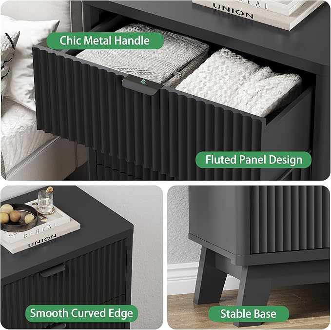 Fluted Nightstand with 3 Storage Drawers, Mid Century Modern Wooden Side Table - Image 5