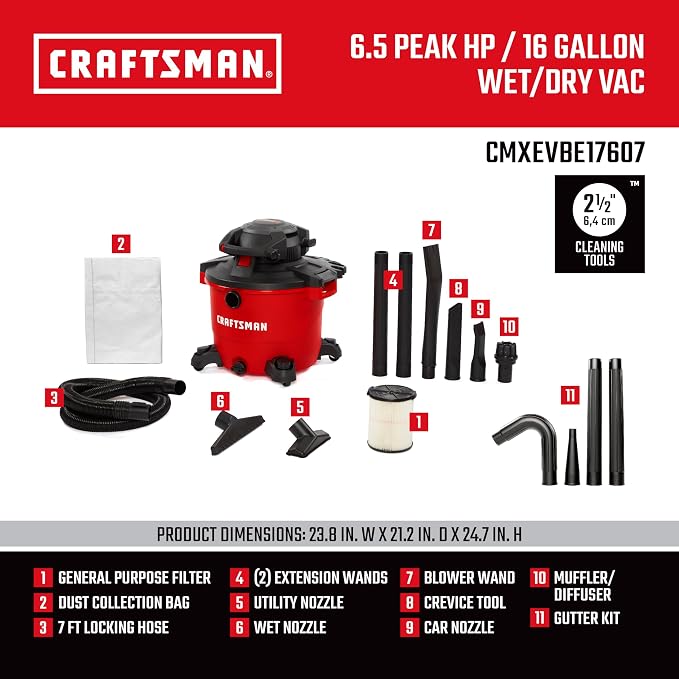 Craftsman CMXEVBE17607 16 Gallon 6.5 Peak HP Wet/Dry Vac - Image 3
