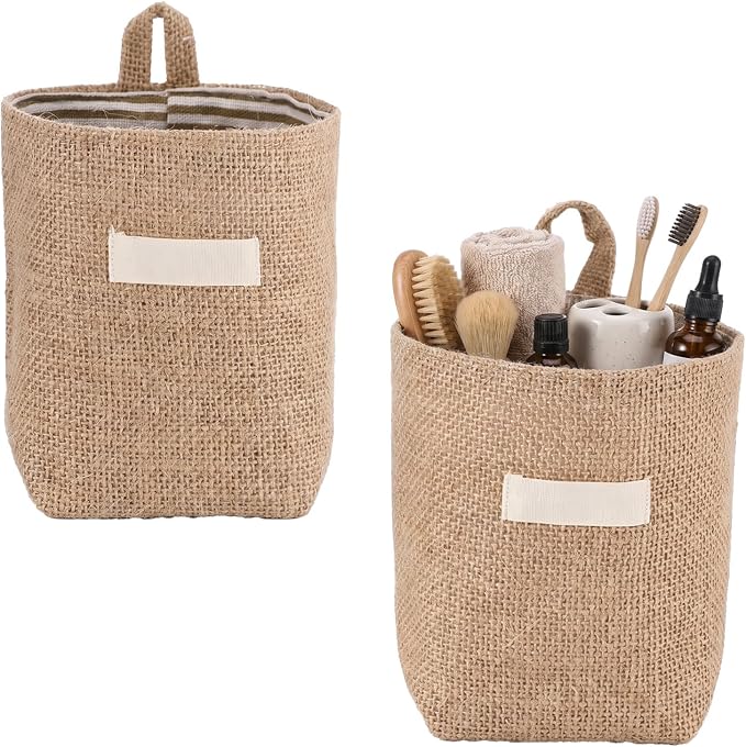 2 Pack Wall Hanging Storage Bags, Cotton Linen Hanging Organizer Foldable by Unknown