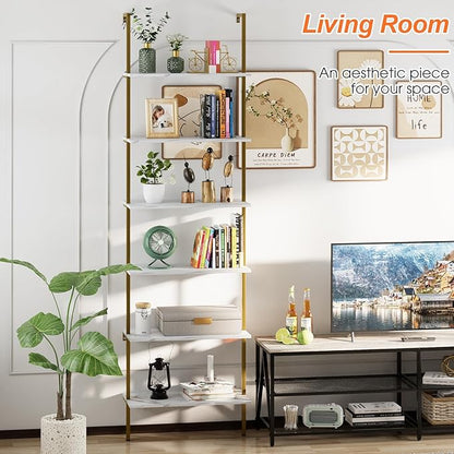 Ladder Shelf 6 Tiers Marble White Modern Bookshelf Open Tall Wall Mount - Image 2