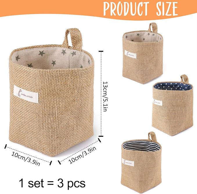 3 PCS Mini Hanging Storage Bag Cotton Linen Small Storage Basket Wall Hanging - Image 2