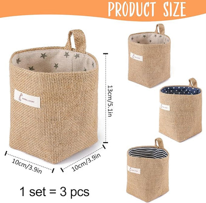 3 PCS Mini Hanging Storage Bag Cotton Linen Small Storage Basket Wall Hanging - Image 2