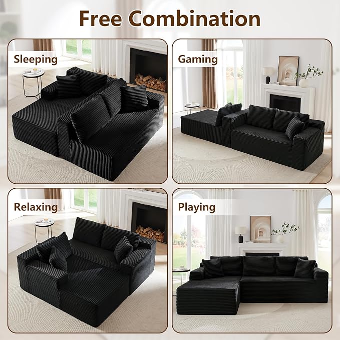 GNIXUU Black Corduroy Boneless Sectional Couches - Image 4