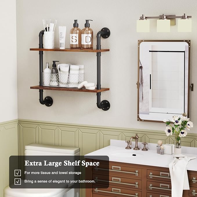 Merapi 24" Industrial Pipe Shelves Wall Mounted, 2 Tier Rustic Floating Shelves - Image 5
