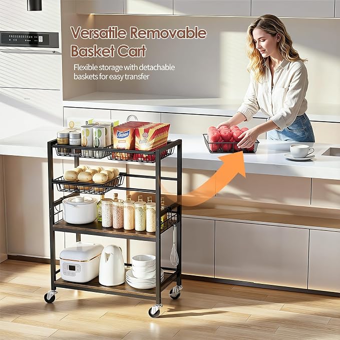 Kitchen Storage Cart, 4 Tier Utility Rolling Snack Cart, Fruit & Vegetables - Image 4