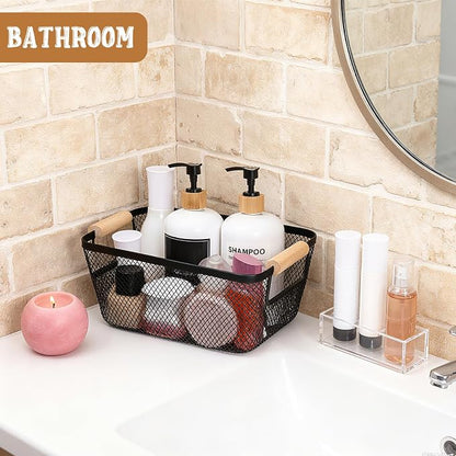 4 Pcs Metal Wire Baskets with Wooden Handles, 9.4x6.9in Wire Storage Basket - Image 5