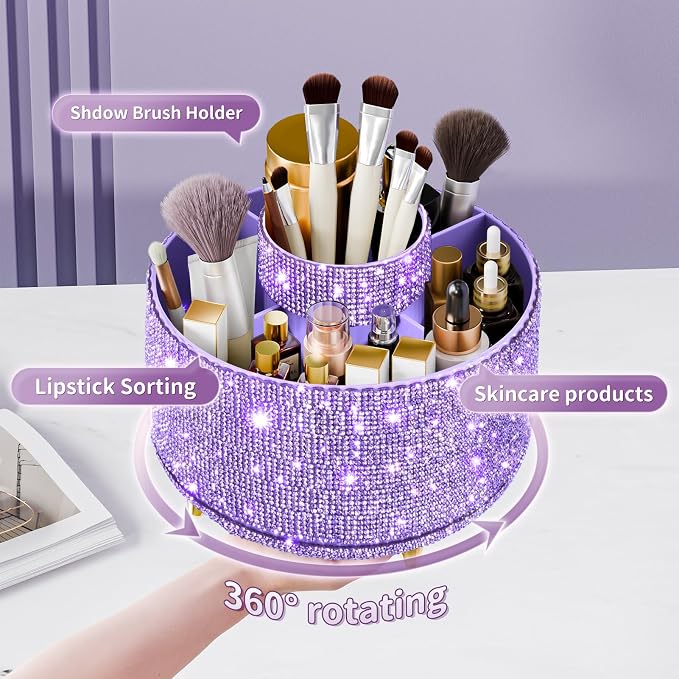 fanado Bling Diamond Makeup Brush Holder, 360° Rotating Makeup Organizer - Image 2