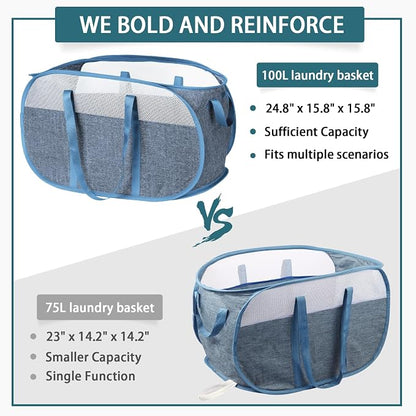 100L Collapsible Laundry Baskets, Tear Proof Pop Up Laundry Hamper - Image 5