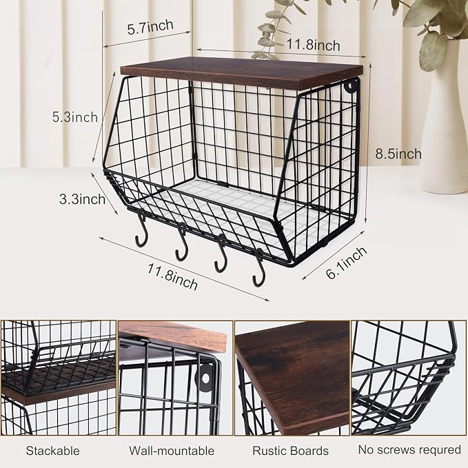 Mefirt Fruit Bowl, Stackable Wall Mounted Fruit Basket of Smooth Wood Lid - Image 3