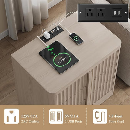 Fluted Nightstand with Charging Station, 23.6" Night Stand with Solid Wood - Image 4