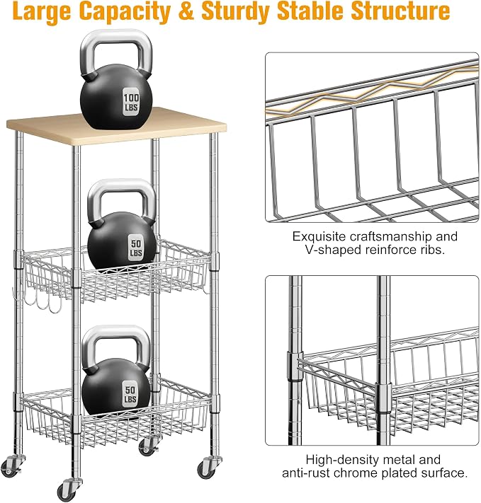 Homeiju Rolling Kitchen Storage Cart, 3-Tier Storage Rack on Caster Wheels - Image 6