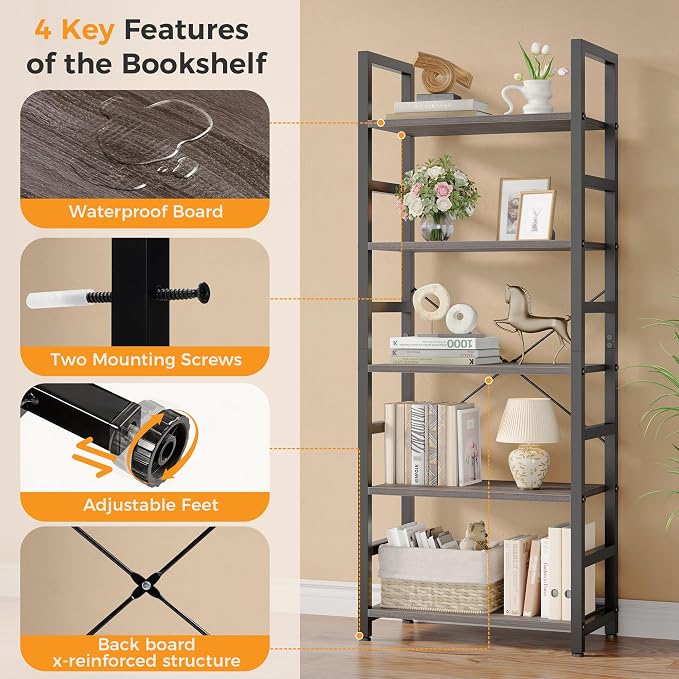 DUMOS 5-Tier Bookshelf, Modern Tall Bookcase Book Shelf | Open Storage Display - Image 8
