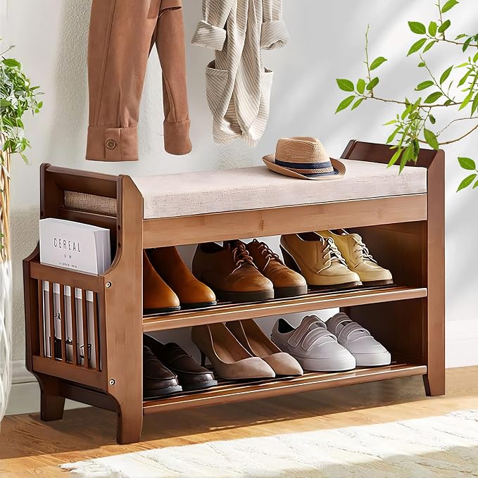 PETKABOO 2 Tier Shoe Bench, Bamboo Shoe Rack Bench, Shoe Storage Bench Organizer - Image 9