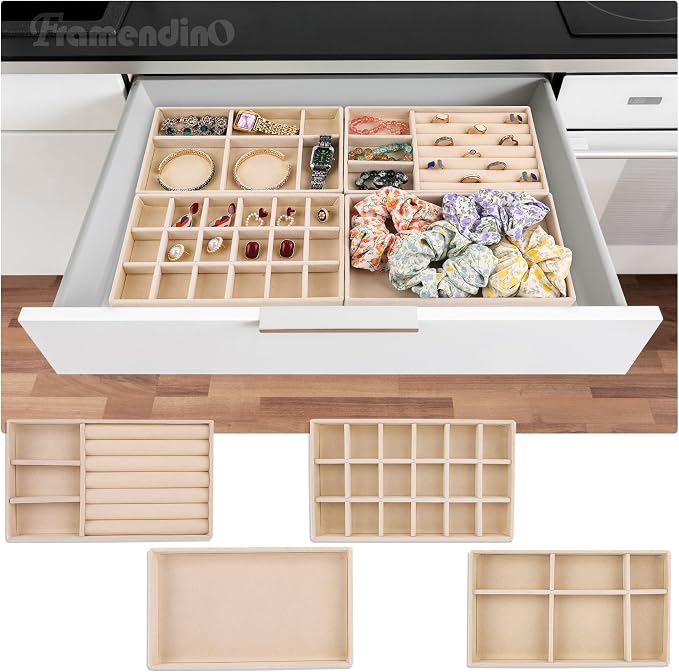 Framendino, 4 Pack Beige Velvet Jewelry Trays Stackable Organizer Drawer - Image 5