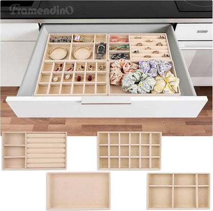 Framendino, 4 Pack Beige Velvet Jewelry Trays Stackable Organizer Drawer - Image 5