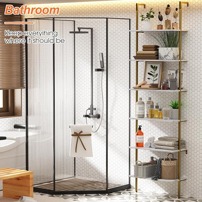 Ladder Shelf 6 Tiers Marble White Modern Bookshelf Open Tall Wall Mount - Image 5