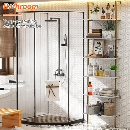 Ladder Shelf 6 Tiers Marble White Modern Bookshelf Open Tall Wall Mount - Image 5