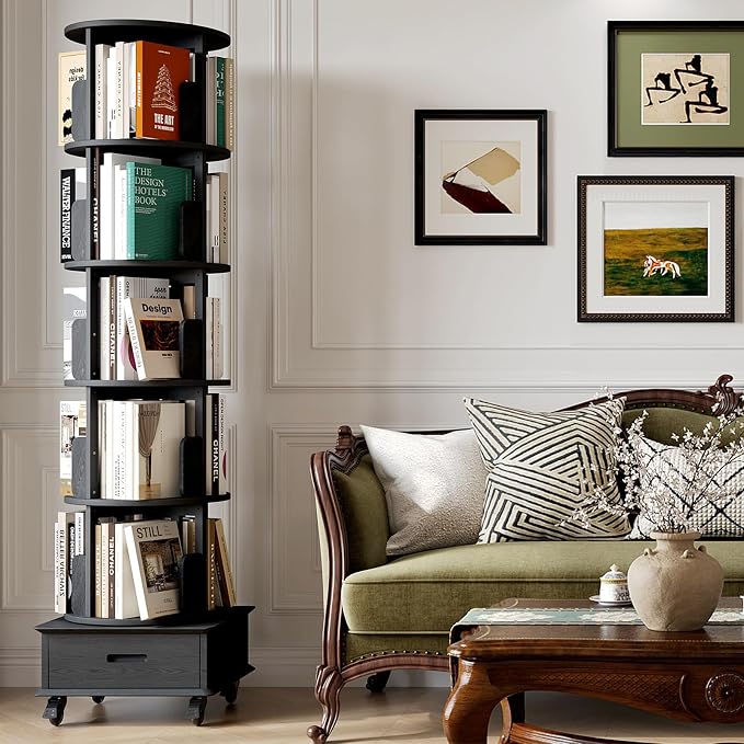 Solid Wood Rotating Bookshelf Tower on Wheels, 5-Tier Spinning Bookcase - Image 5