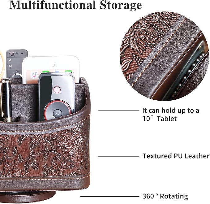 YAPISHI Antique Leather Remote Control Holder, 360 Degree Spinning Desk TV - Image 2