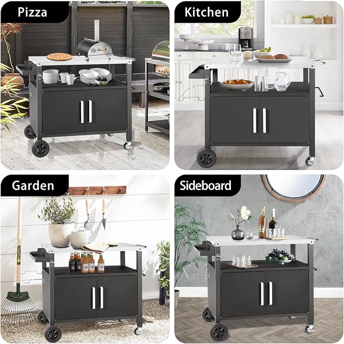 Grill Cart Table with Big Storage Cabinet, Movable Outdoor Dining Cart Pizza - Image 2