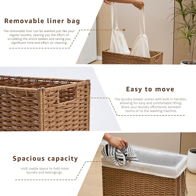 Slim Wicker Laundry Hamper, 75L Handwoven Rattan Basket - Image 5