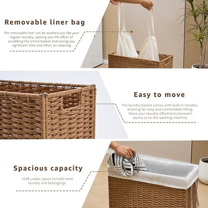 Slim Wicker Laundry Hamper, 75L Handwoven Rattan Basket - Image 5