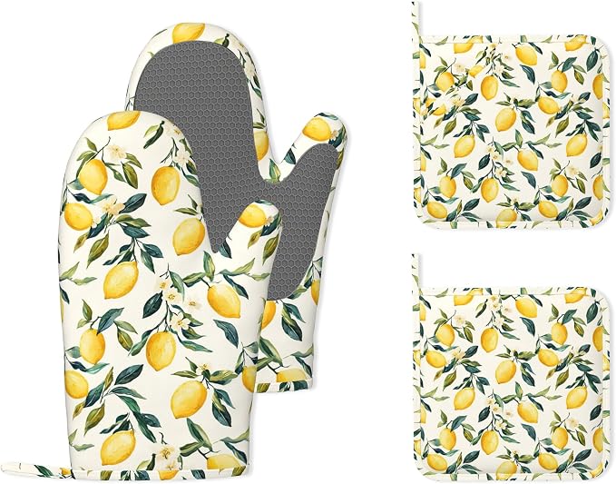 Retro Lemon Floral Silicone Oven Mitts and Pot Holders, Heat-Resistant 4 Piece by Unknown