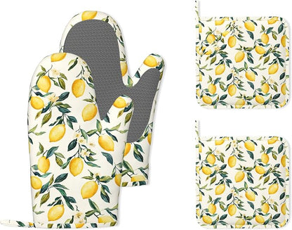 Retro Lemon Floral Silicone Oven Mitts and Pot Holders, Heat-Resistant 4 Piece by Unknown