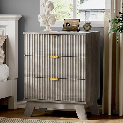 Fluted Nightstand with Charging Station, Modern Wood Side Table Night Stand by Xixini