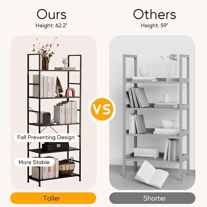 HealSmart 5 Tier Bookshelf, Free Standing Book Shelf Home Office Bookcase Shelf - Image 4