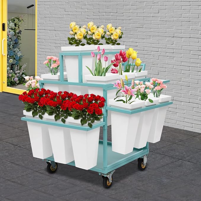 Flower Display Stand Cart With 18 Buckets Plant Rack Storage Organizer with - Image 3