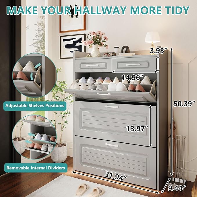 Shoe Cabinet with 3 Large Flip Drawers and 2 Storage Drawers, Narrow Shoe - Image 3