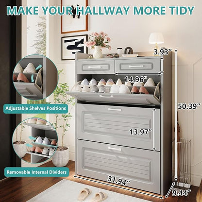 Shoe Cabinet with 3 Large Flip Drawers and 2 Storage Drawers, Narrow Shoe - Image 3