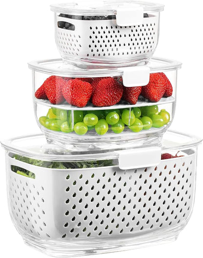LUXEAR Fresh Produce Vegetable Fruit Storage Containers 3Piece Set, Partitioned by Luxear