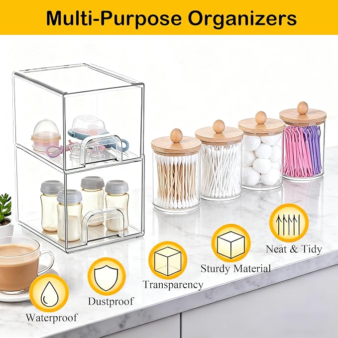 6 Pack Clear Stackable Storage Drawers & Qtip Holder Dispenser - Image 2