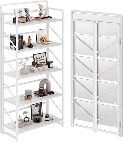 JSB No Assembly Folding Bookshelf, 5 Tier Industrial Metal Book Shelf by HomeFurniture