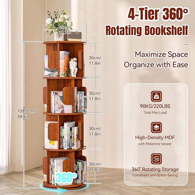 4-Tier 360° Rotating Bookshelf, Round Floor Standing Bookcase - Image 2