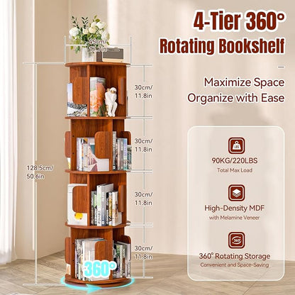 4-Tier 360° Rotating Bookshelf, Round Floor Standing Bookcase - Image 2