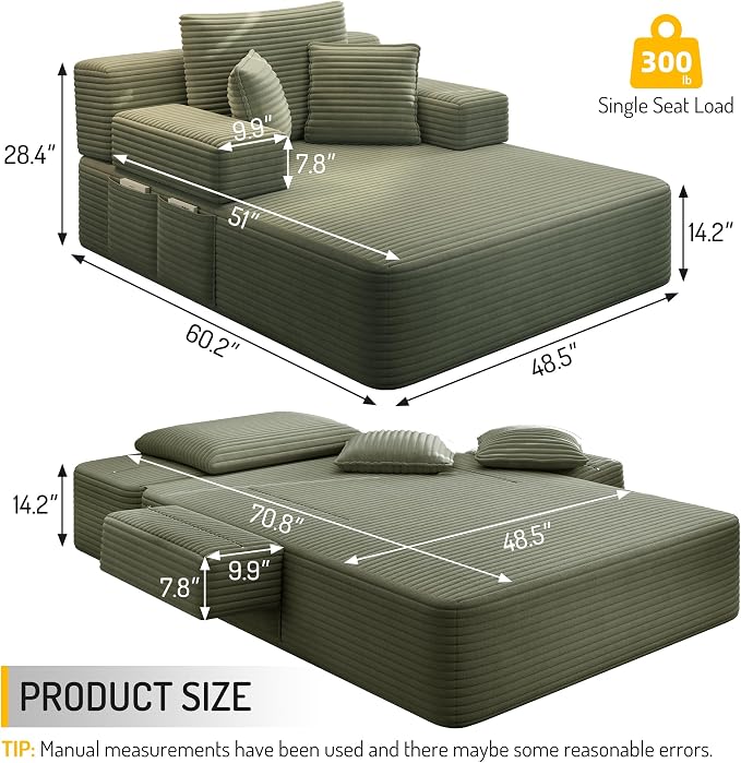 2-in-1 Convertible Chaise Lounge Indoor, 60.2" Corduroy Upholstered Chaise - Image 2