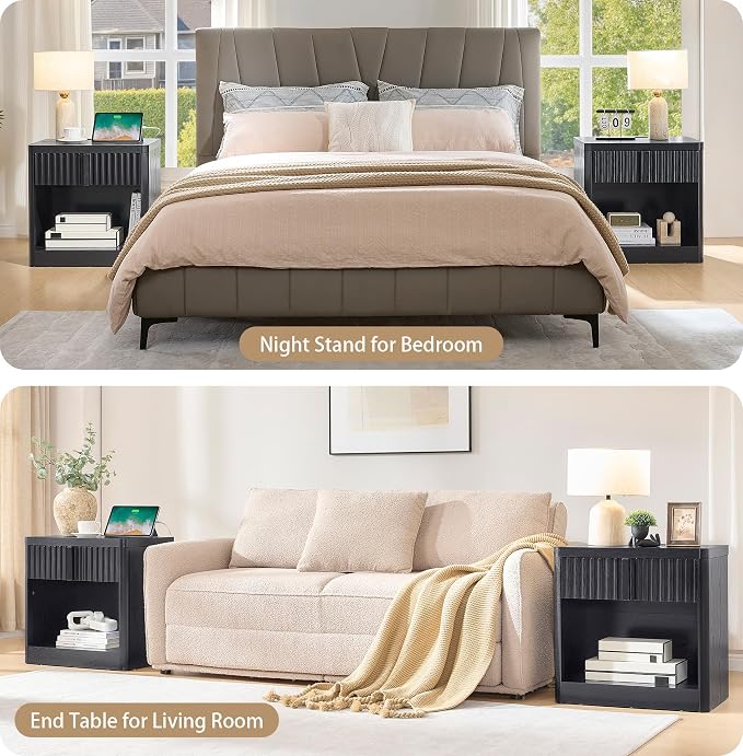 Fluted Nightstand with Charging Station, 23.6" End Table with Open Shelf and - Image 7