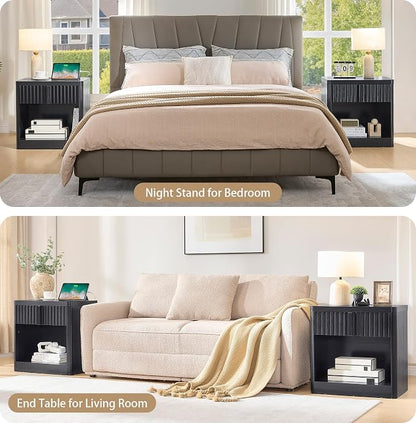 Fluted Nightstand with Charging Station, 23.6" End Table with Open Shelf and - Image 7