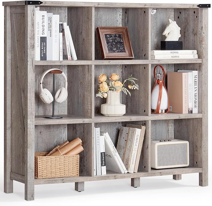 9 Cube Bookcase, Farmhouse 47 Inch Wide Grey Oak Bookshelf, Wooden 3 Tier by Joaxswe
