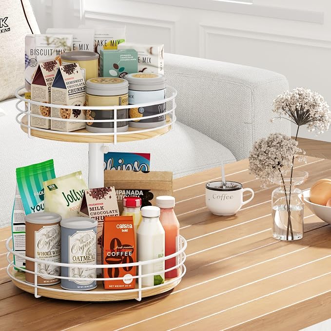 Two Tier Lazy Susan Organizer Turntable, 12 Inch, Rotating Spice Rack, Wood - Image 6
