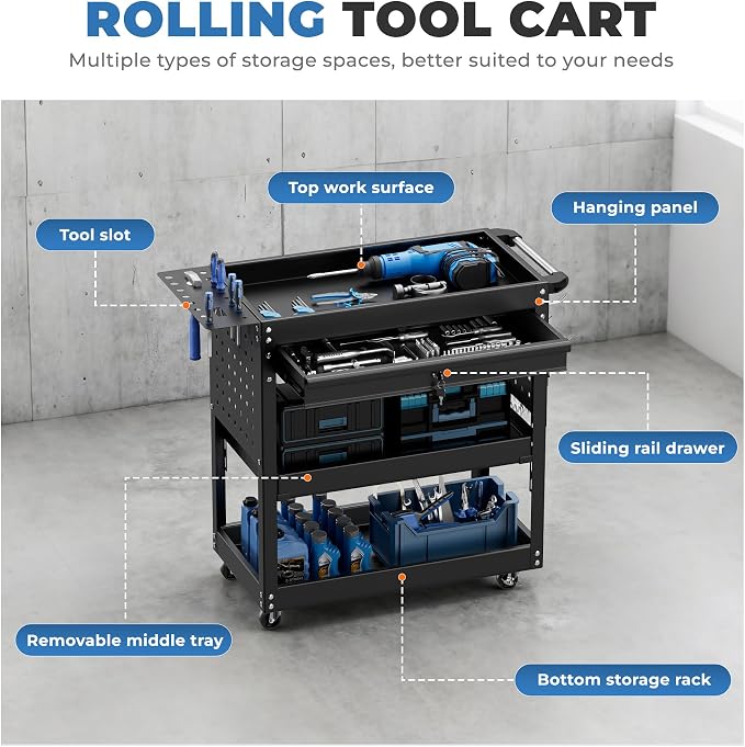INTERGREAT Rolling Tool Cart, Heavy Duty Utility Cart on Wheels, Industrial - Image 4