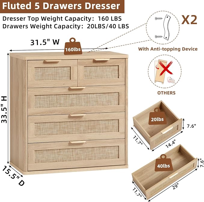 LEYAOYAO Rattan Dresser for Bedroom Set of 2, 33.5" Tall Chest of Drawers - Image 3