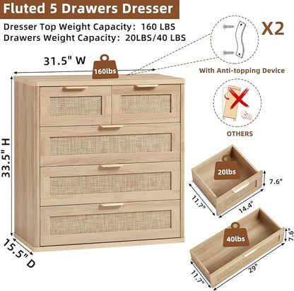 LEYAOYAO Rattan Dresser for Bedroom Set of 2, 33.5" Tall Chest of Drawers - Image 3