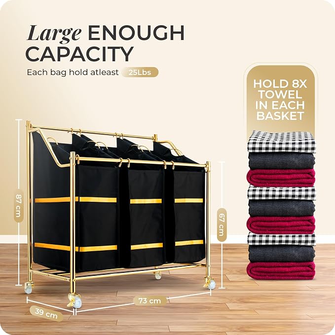 LUXURY STYLE Laundry Hamper, 3-Section Rolling Laundry Sorter Cart - Image 5