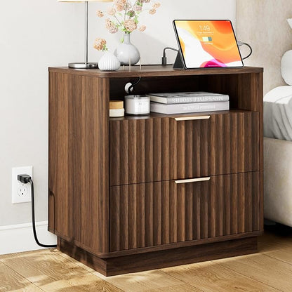 Large Fluted Night Stand with Charging Station, 2 Drawers End Table with Storage by FavourLife