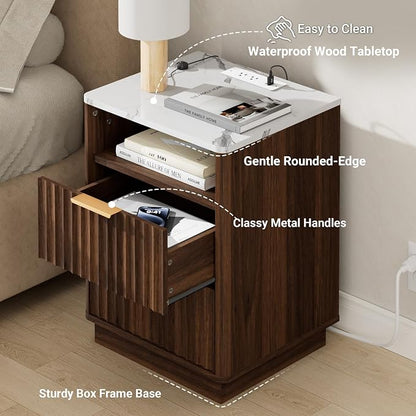 Fluted Night Stand with Charging Station, 2 Drawers End Table with Storage - Image 5