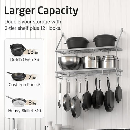 KES 30-Inch Silver Gray Pot Rack Wall Mounted, 2-Tier Hanging Pot and Pan - Image 2